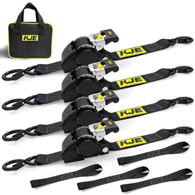 KJE Retractable Ratchet Straps – 4x 2in x 10ft Sets + 4 Soft Loops, 3,300 lb Max, S-Hook with Clip