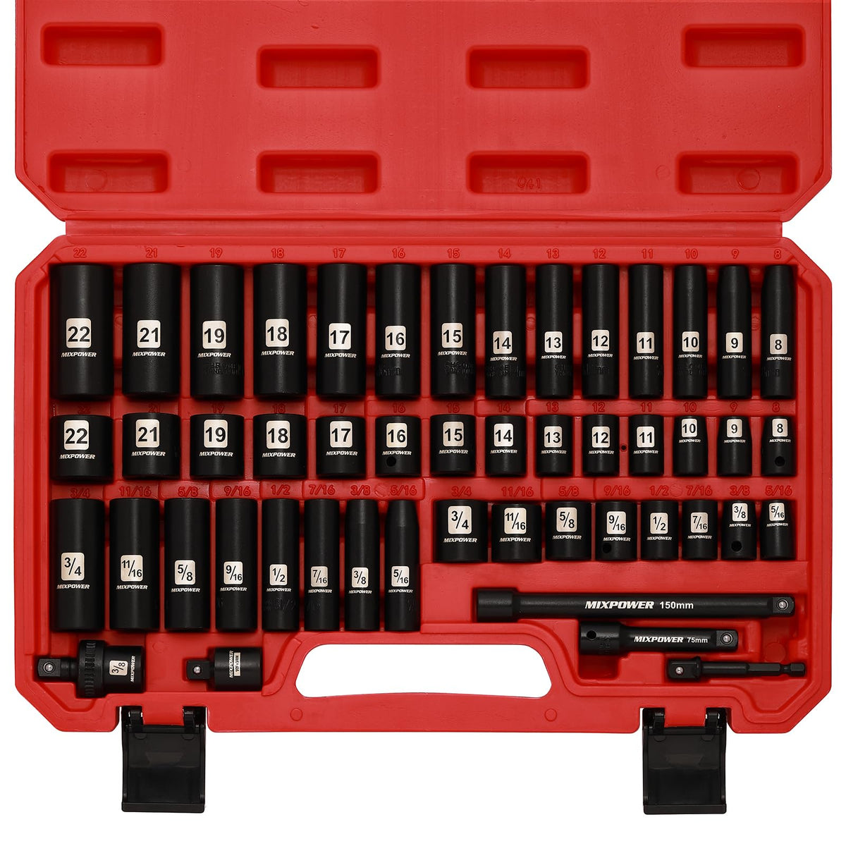 MIXPOWER 3/8 Drive Deep Impact Socket Set – 49 Pc SAE & Metric, 6-Point, CR-V Steel