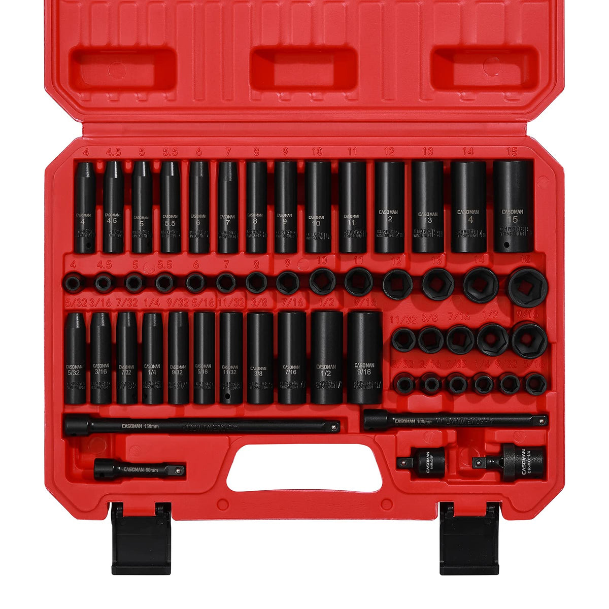 CASOMAN 55PCS 1/4-Inch Drive Impact Socket Set – Deep & Shallow, Metric & SAE, 6-Point Cr-V Steel