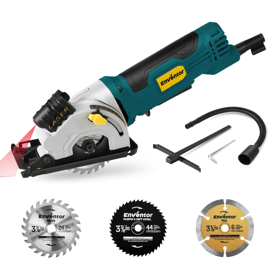 Enventor Mini Circular Saw – 4.8A Corded, Laser Guide, 4000 RPM, 1-1/16-in Depth, 3 Blades