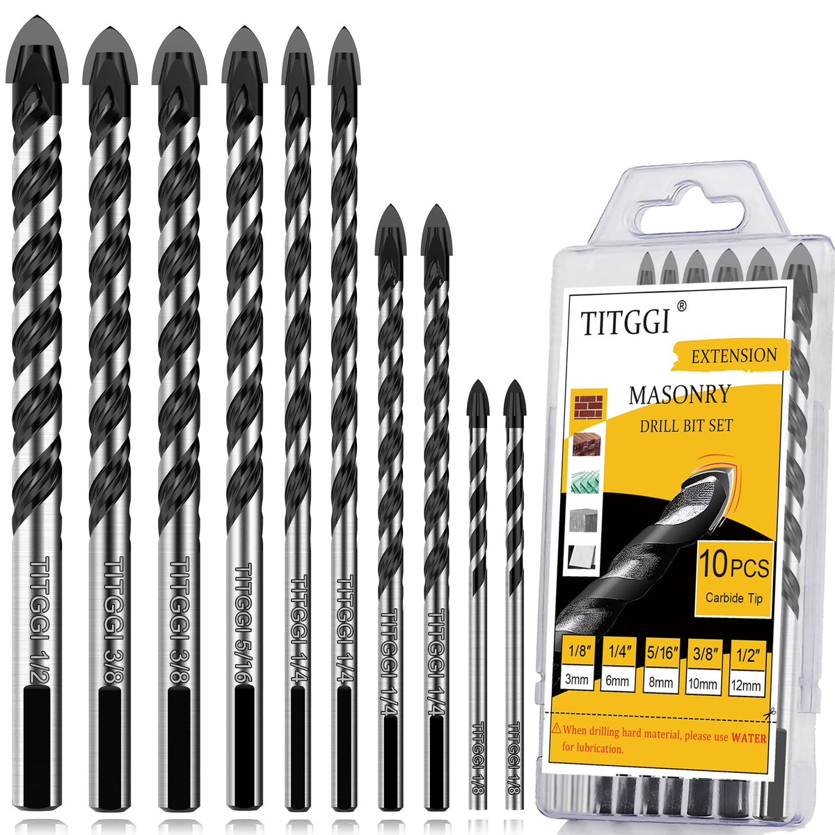 TITGGI 10pcs masonry drill set packaging showcases durable carbide tips.