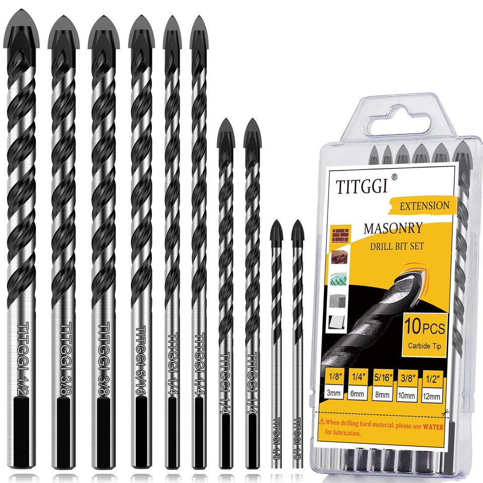 TITGGI 10pcs masonry drill set packaging showcases durable carbide tips.