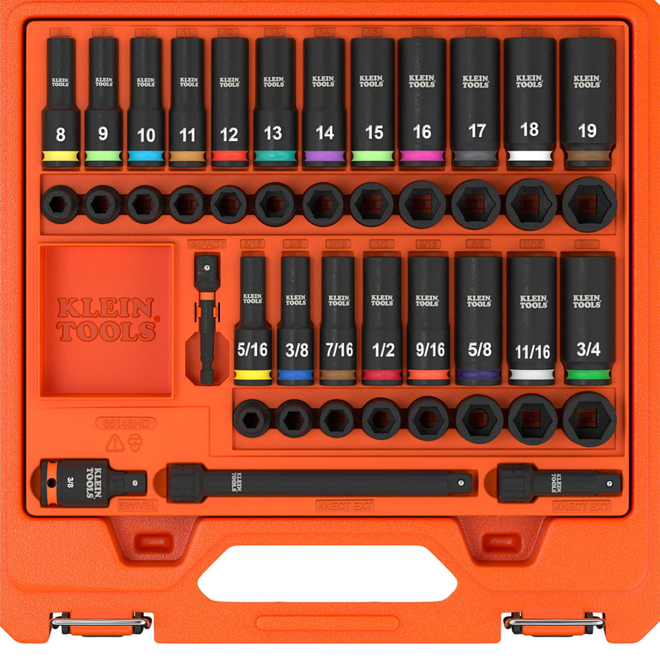 Klein Tools 65148HD KNECT deep-well sockets in a sturdy case for tough fasteners.