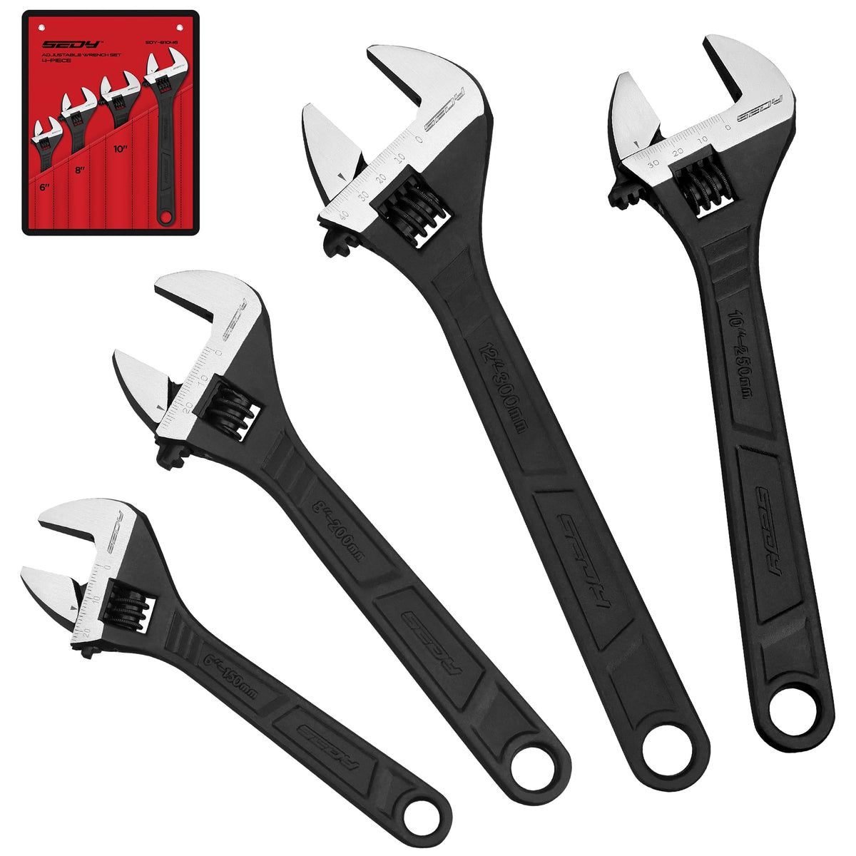 SEDY adjustable wrench 6-inch close-up shows precise jaws for tight fits.