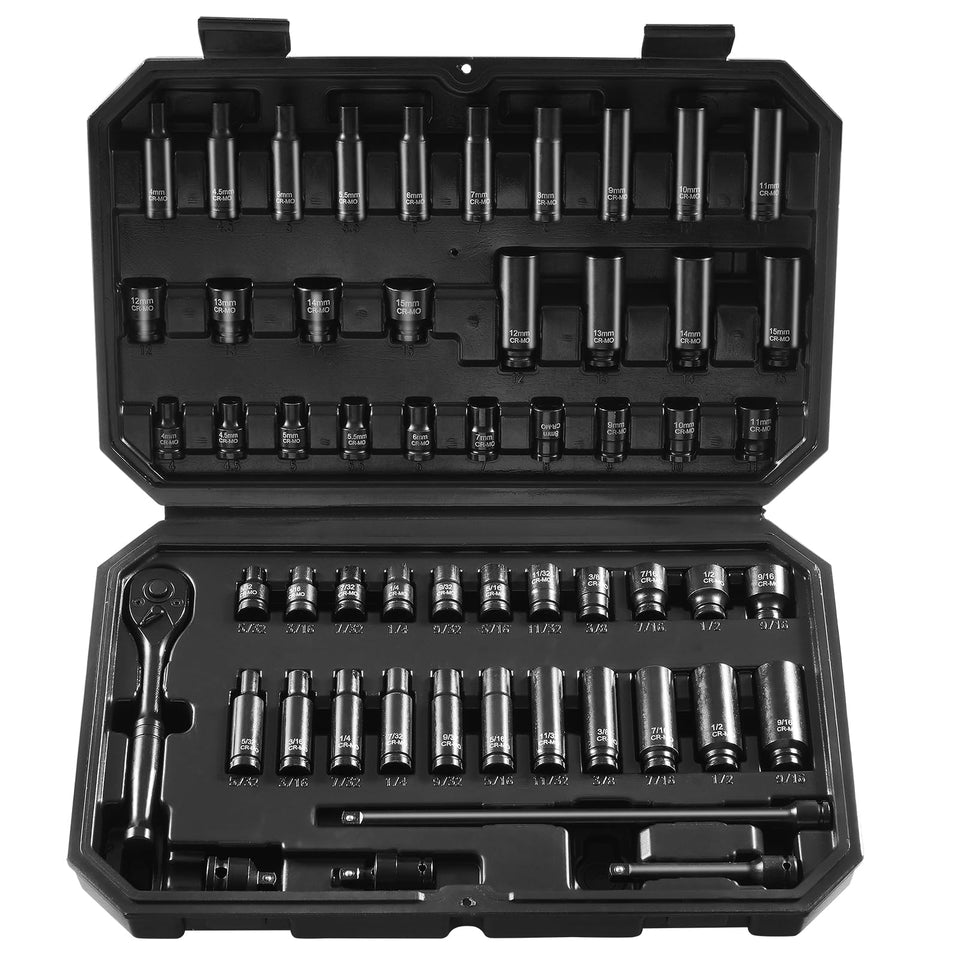 VEVOR 1/4 Drive 55-Piece Impact Socket Set: Deep & Shallow SAE 5/32–9/16, Metric 4–15 mm, 6-Point, CR-V