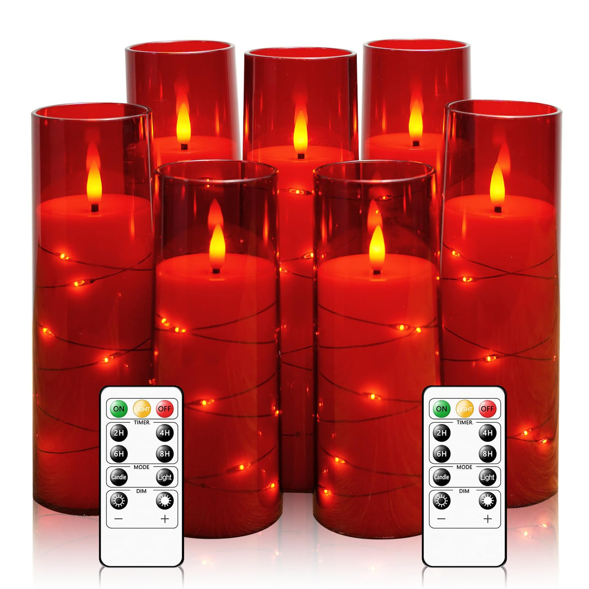 Eebuss Flameless Candles with Embedded Star String – 7‑Piece Red Set with Remote & Timer