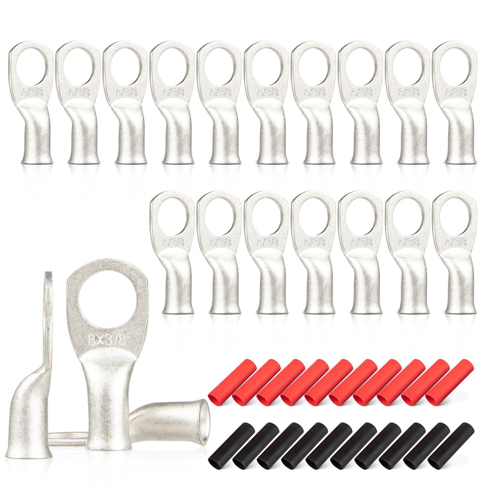 RED WOLF 20PCS 8 AWG-3/8 Marine Grade Wire Lugs with Dual Wall Heat Shrink Tubing