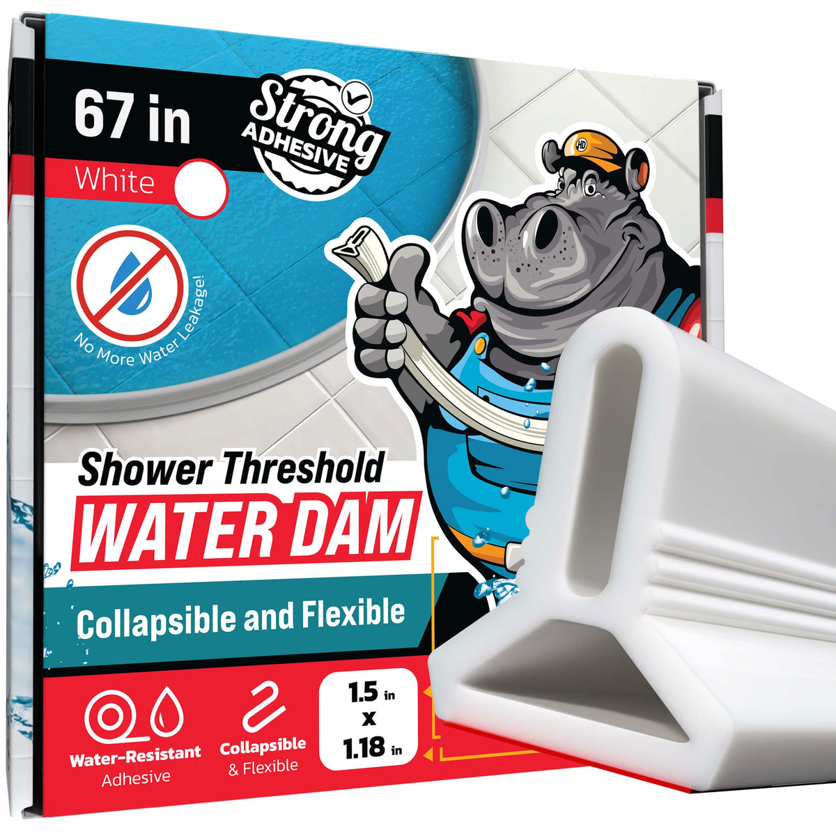 Hippo Dam Shower Threshold Water Dam Barrier 67-inch White – Collapsible Water Guard for Walk-In Showers