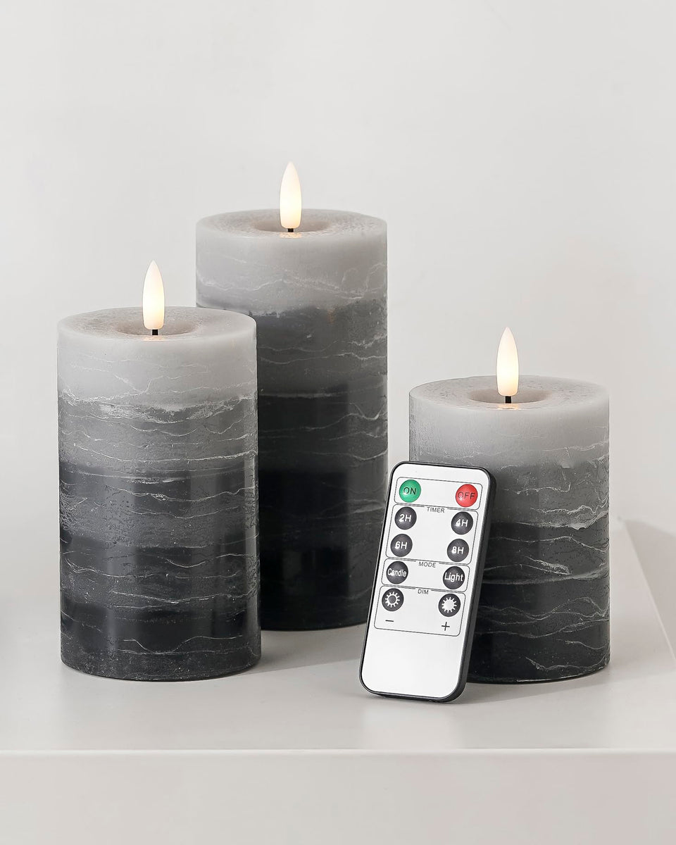 Stmarry Distressed Gradient Gray Flameless Candles (Set of 3) | Real Wax Pillar Candles, Remote & Timer