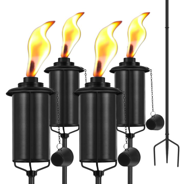 ZSZMFH 4-Pack Metal Outdoor Torches – 16oz, 59-Inch Height, 3-Prong Grounded Stakes