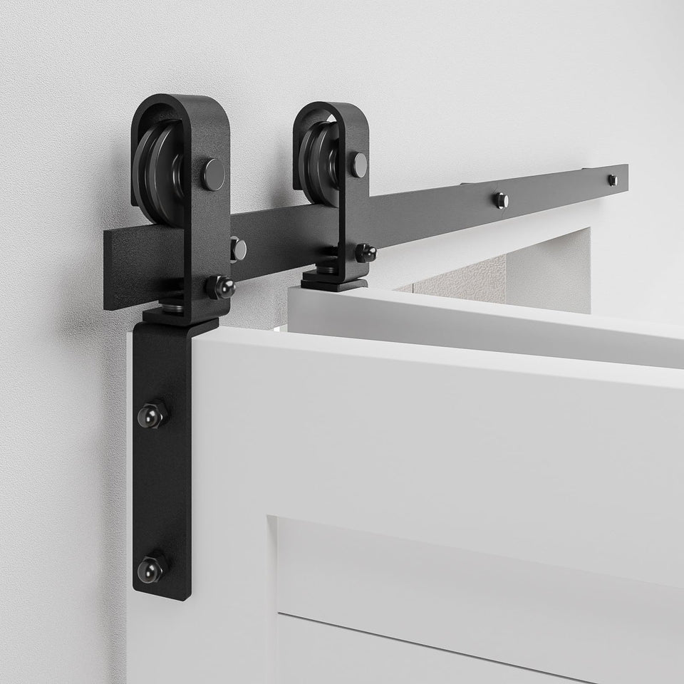 BONIKLUBA 36-Inch Bi-Folding Sliding Barn Door Hardware Kit – Smooth, Quiet, Side-M Mounted Black Rollers (Door Not Included)