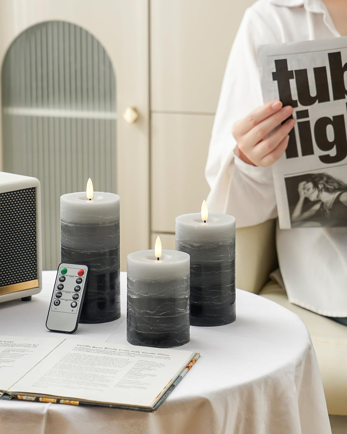 Stmarry Distressed Gradient Gray Flameless Candles (Set of 3) | Real Wax Pillar Candles, Remote & Timer