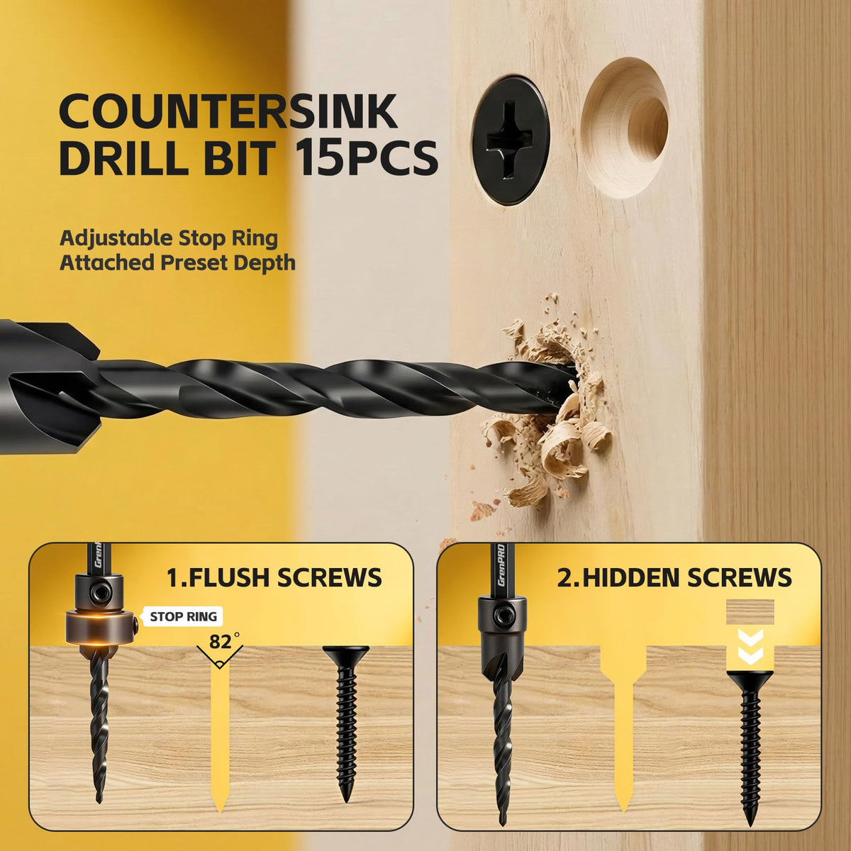 GRENPRO 15-Piece Countersink Drill Bit Set | Nitro HSS, 1/4 in Hex Shank