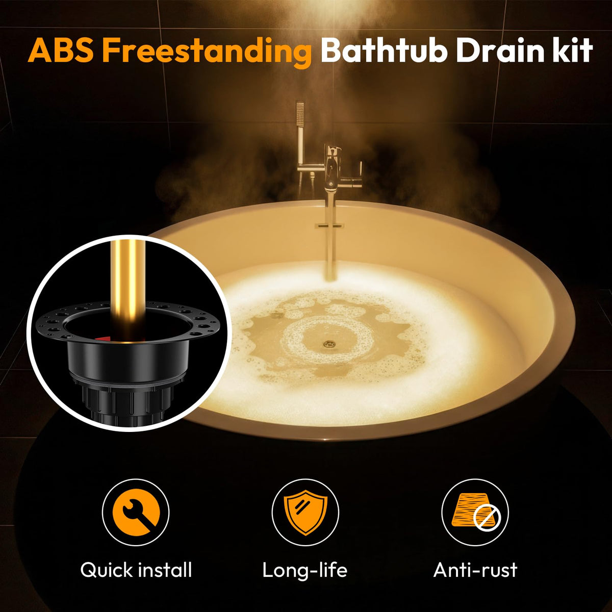 PCQSURE Freestanding Tub Drain Kit – Universal Subfloor, Brass Overflow, 1.5in/2in ABS Adapter