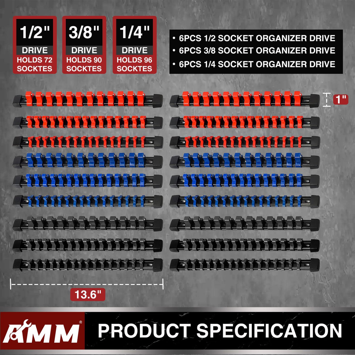 AMM 18-Piece Socket Organizer – Heavy-Duty ABS Rail for 1/2, 3/8, and 1/4 Inch Drives