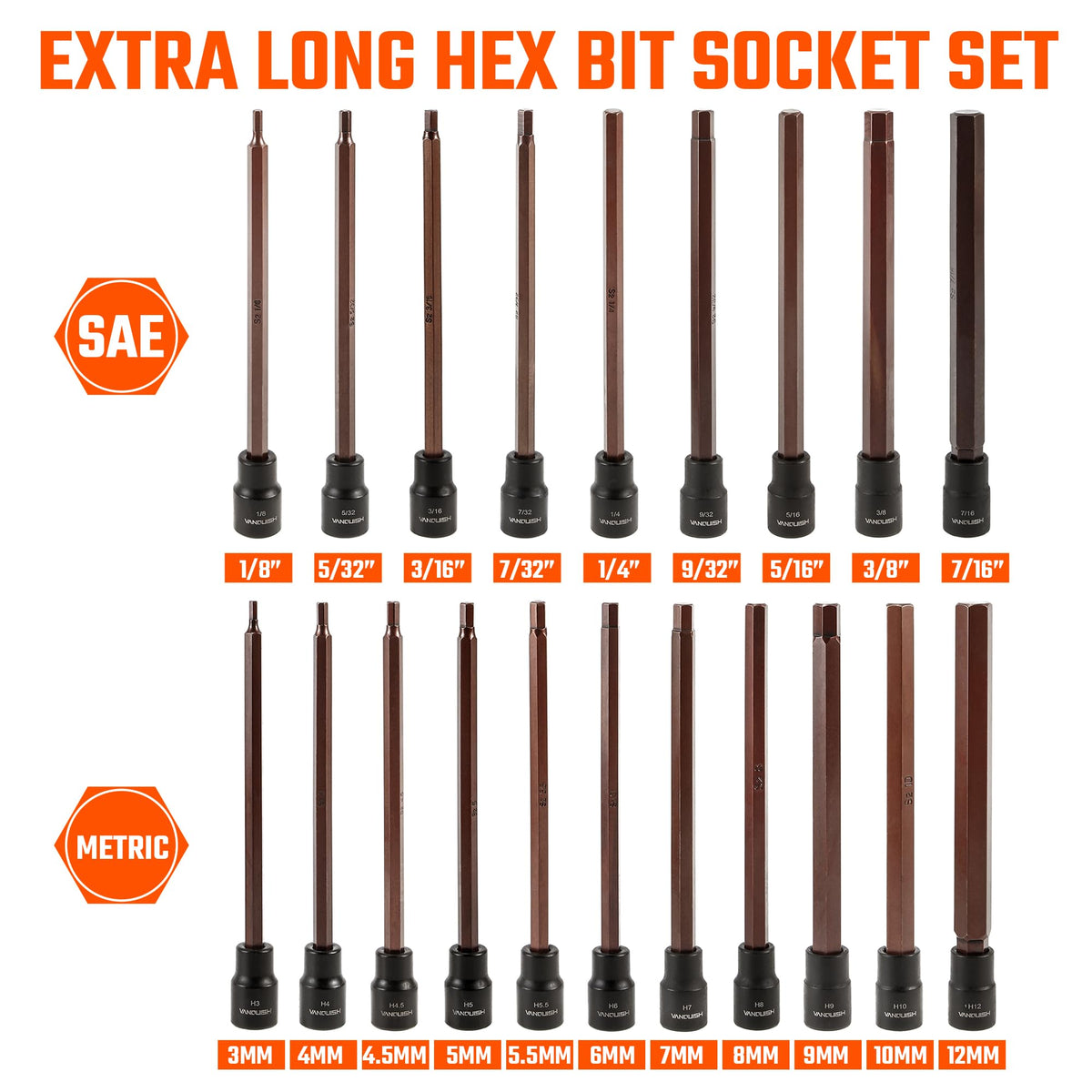 VANQUISH 20-Piece Extra Long Hex Bit Socket Set, 3/8 Inch Drive Allen Socket Set, Metric 3-12mm | SAE 1/8-Inch - 7/16-Inch 8998