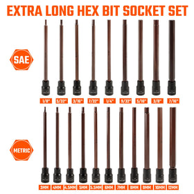 VANQUISH 20-Piece Extra Long Hex Bit Socket Set, 3/8 Inch Drive Allen Socket Set, Metric 3-12mm | SAE 1/8-Inch - 7/16-Inch 8998