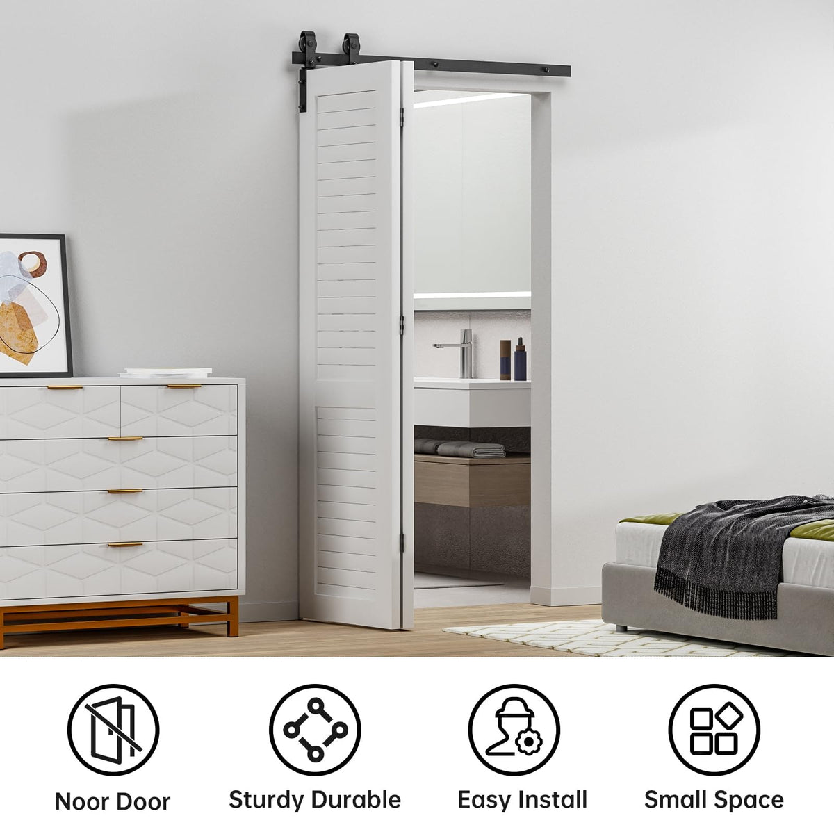BONIKLUBA 36-Inch Bi-Folding Sliding Barn Door Hardware Kit – Smooth, Quiet, Side-M Mounted Black Rollers (Door Not Included)
