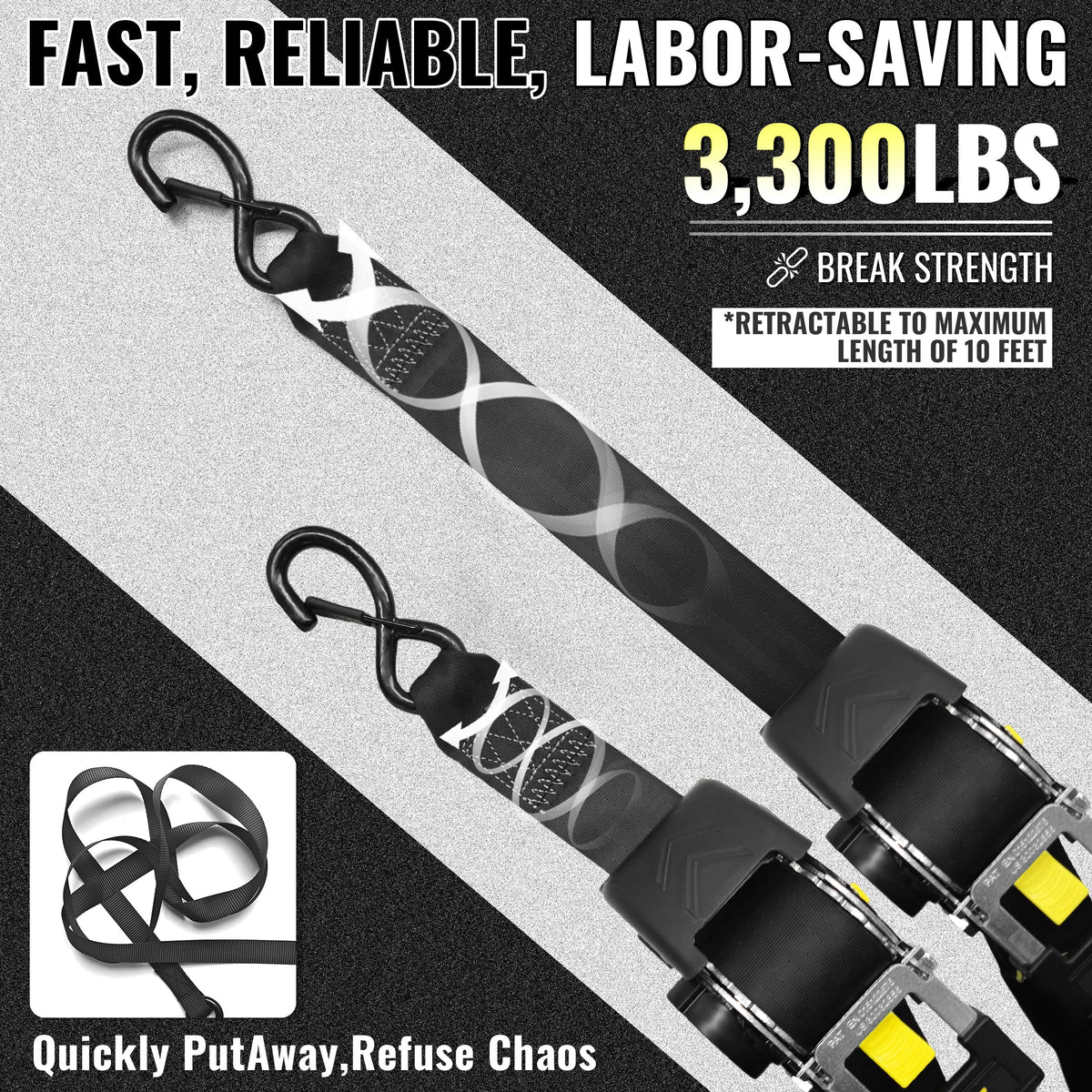 KJE Retractable Ratchet Straps – 4x 2in x 10ft Sets + 4 Soft Loops, 3,300 lb Max, S-Hook with Clip