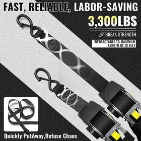 KJE Retractable Ratchet Straps – 4x 2in x 10ft Sets + 4 Soft Loops, 3,300 lb Max, S-Hook with Clip