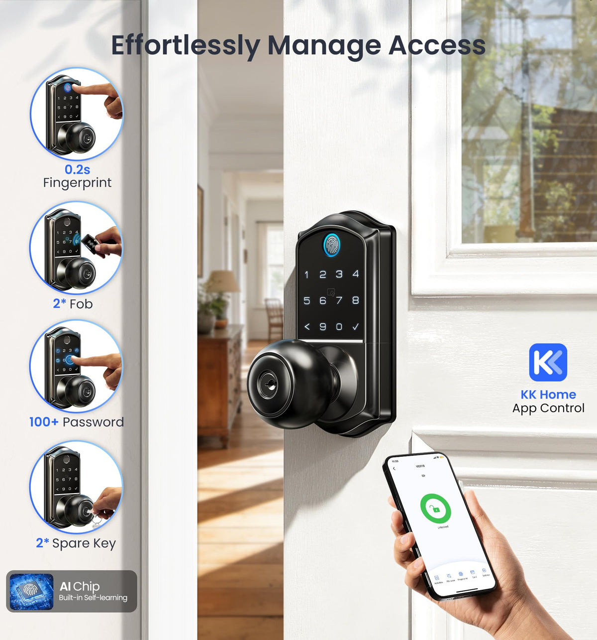 Veise VE018 Smart Knob Lock – Fingerprint, App Control & Keyless Entry (IP55)