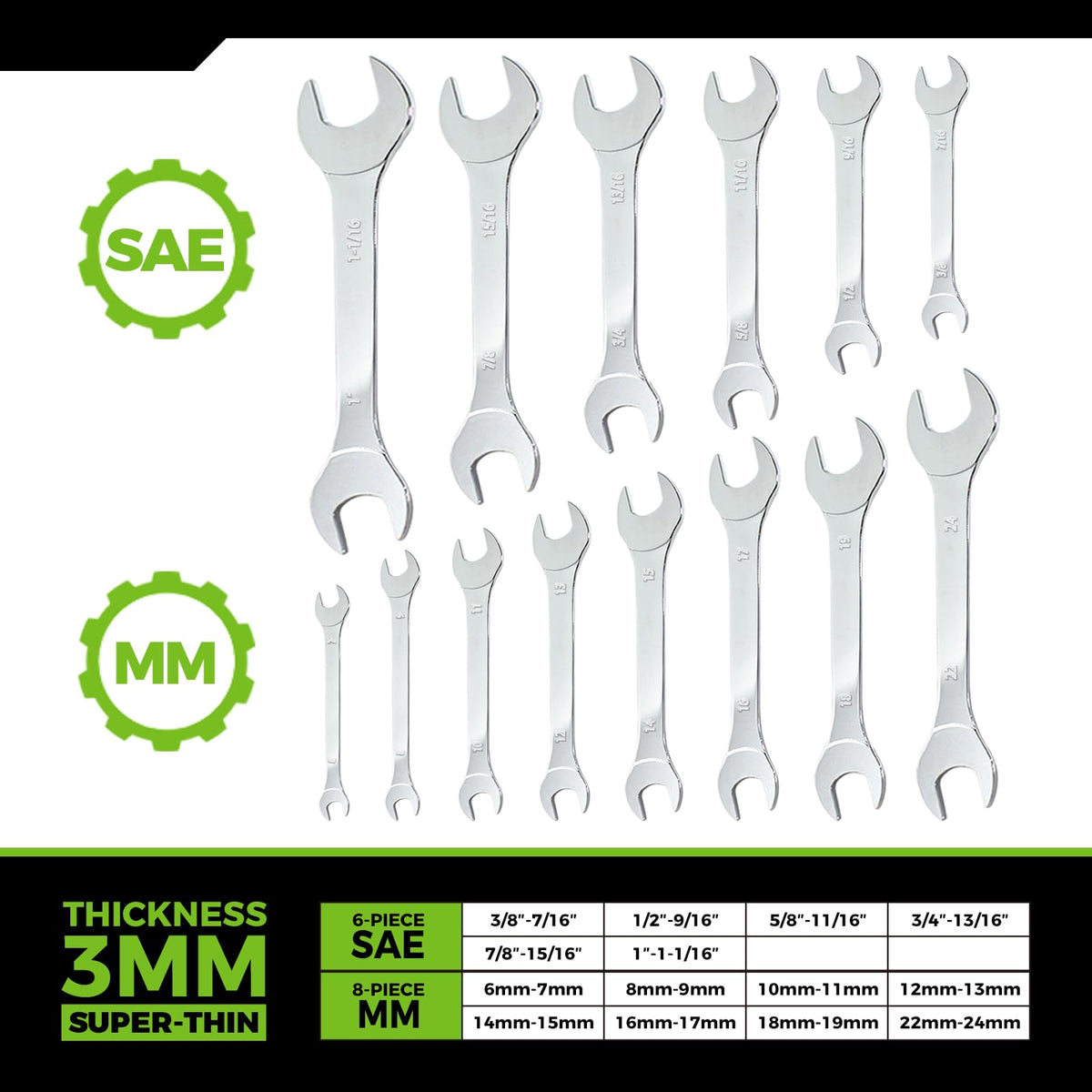 Der Erwachte Super-Thin Open End Wrench Set, 14-Piece SAE & Metric Sizes, 6mm to 24mm, 3/8" to 1-1/16", Ultra-Slim Wrench Set with Mechanic Rolling Pouch