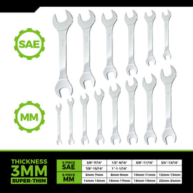 Der Erwachte Super-Thin Open End Wrench Set, 14-Piece SAE & Metric Sizes, 6mm to 24mm, 3/8" to 1-1/16", Ultra-Slim Wrench Set with Mechanic Rolling Pouch