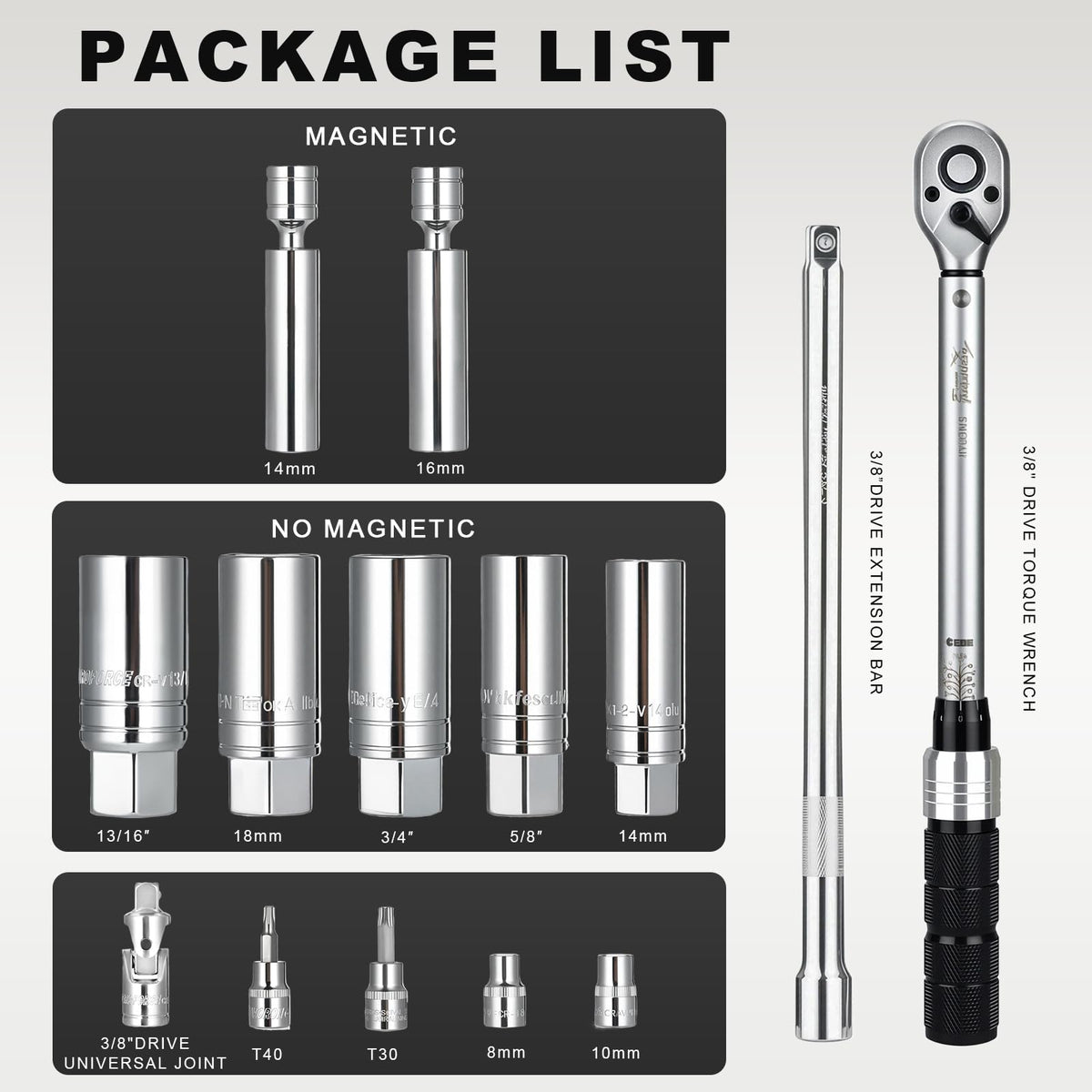 AEROFORCE 14PC 3/8 Drive Spark Plug Socket Set with Torque Wrench – Swivel Magnetic, CR-V Steel