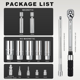 AEROFORCE 14PC 3/8 Drive Spark Plug Socket Set with Torque Wrench – Swivel Magnetic, CR-V Steel