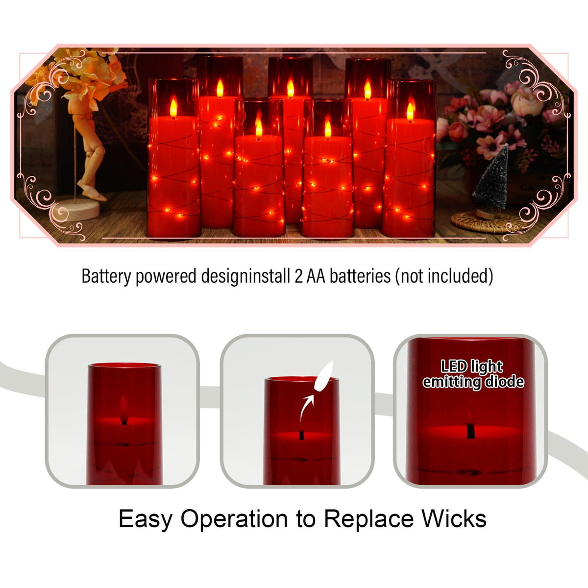 Eebuss Flameless Candles with Embedded Star String – 7‑Piece Red Set with Remote & Timer