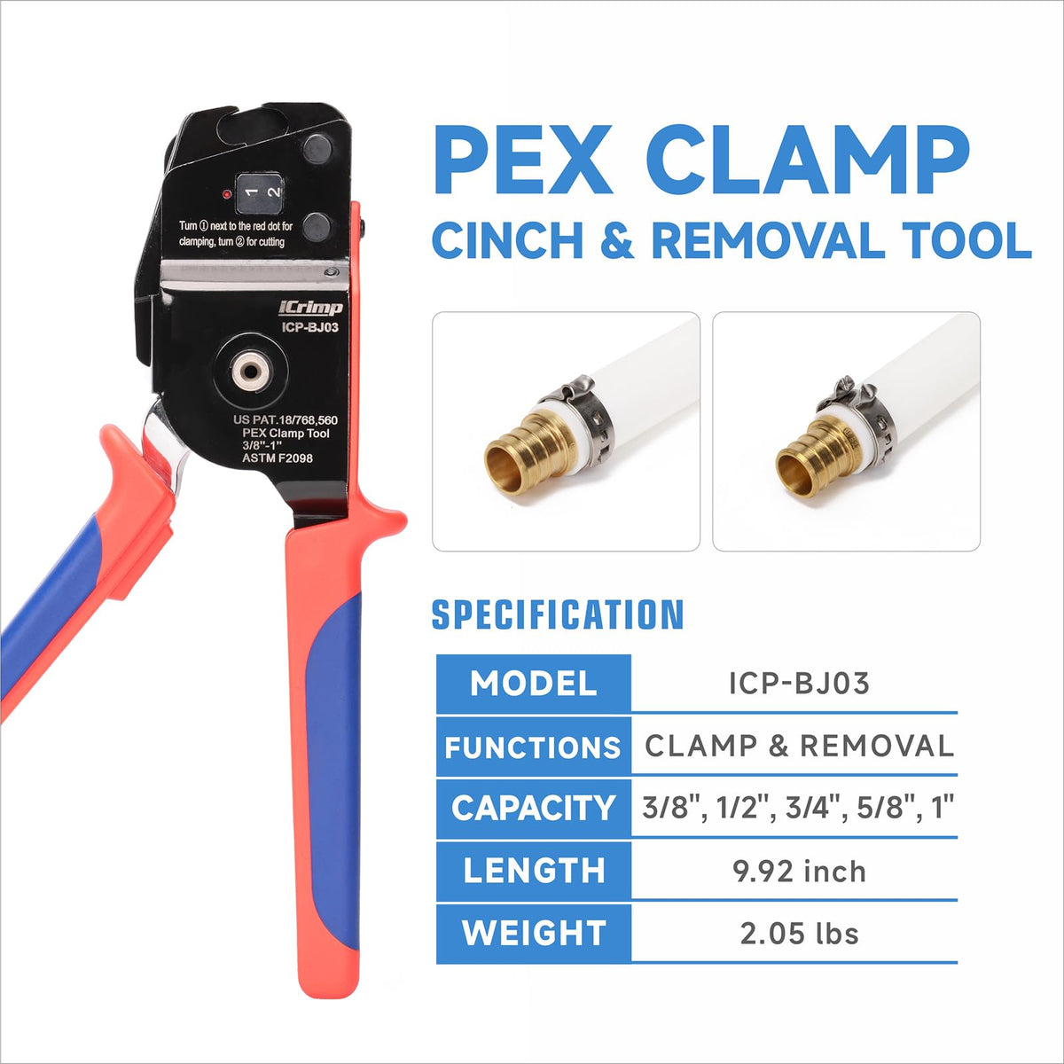 iCRIMP ICP-BJ03 PEX Clamp Tool – One-Handed Cinch & Removal for 3/8–1 in Rings