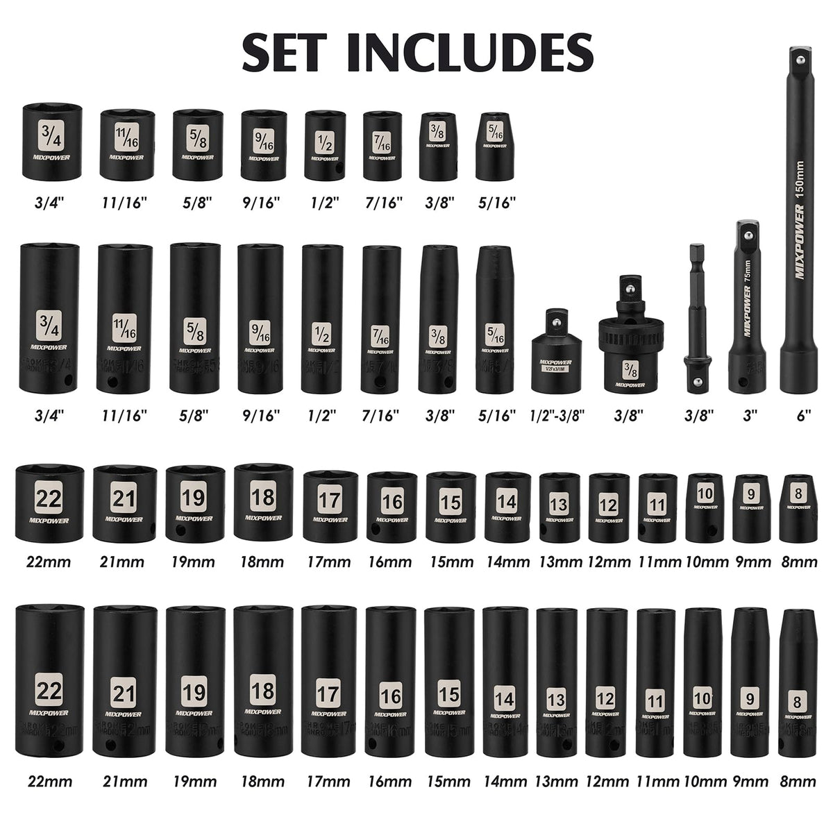 MIXPOWER 3/8 Drive Deep Impact Socket Set – 49 Pc SAE & Metric, 6-Point, CR-V Steel