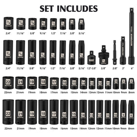 MIXPOWER 3/8 Drive Deep Impact Socket Set – 49 Pc SAE & Metric, 6-Point, CR-V Steel