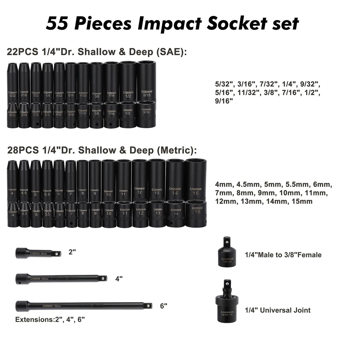 CASOMAN 55PCS 1/4-Inch Drive Impact Socket Set – Deep & Shallow, Metric & SAE, 6-Point Cr-V Steel