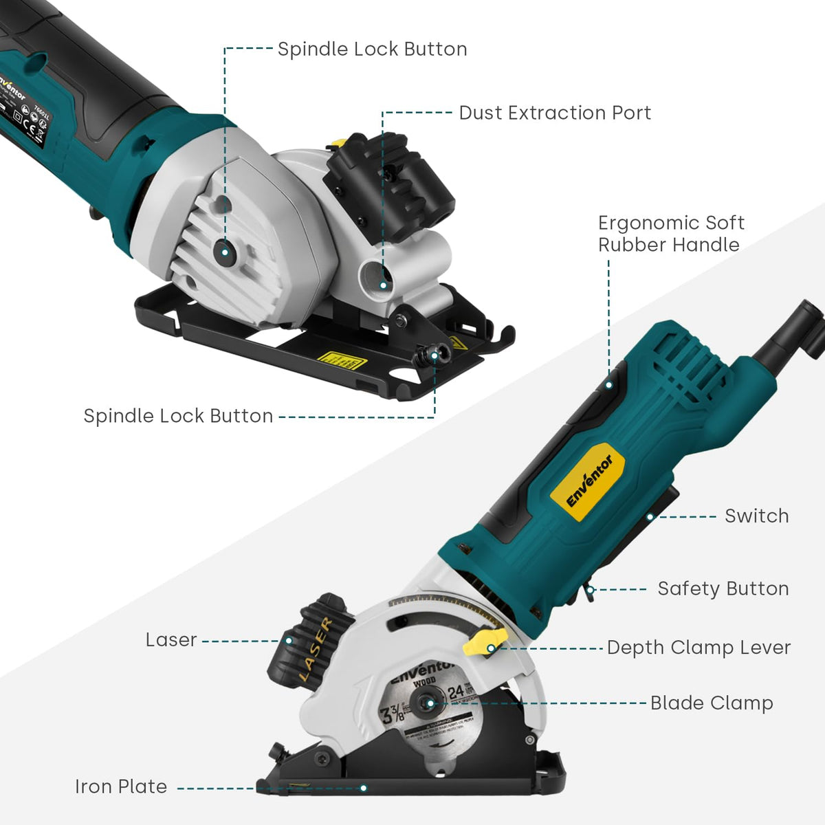Enventor Mini Circular Saw – 4.8A Corded, Laser Guide, 4000 RPM, 1-1/16-in Depth, 3 Blades