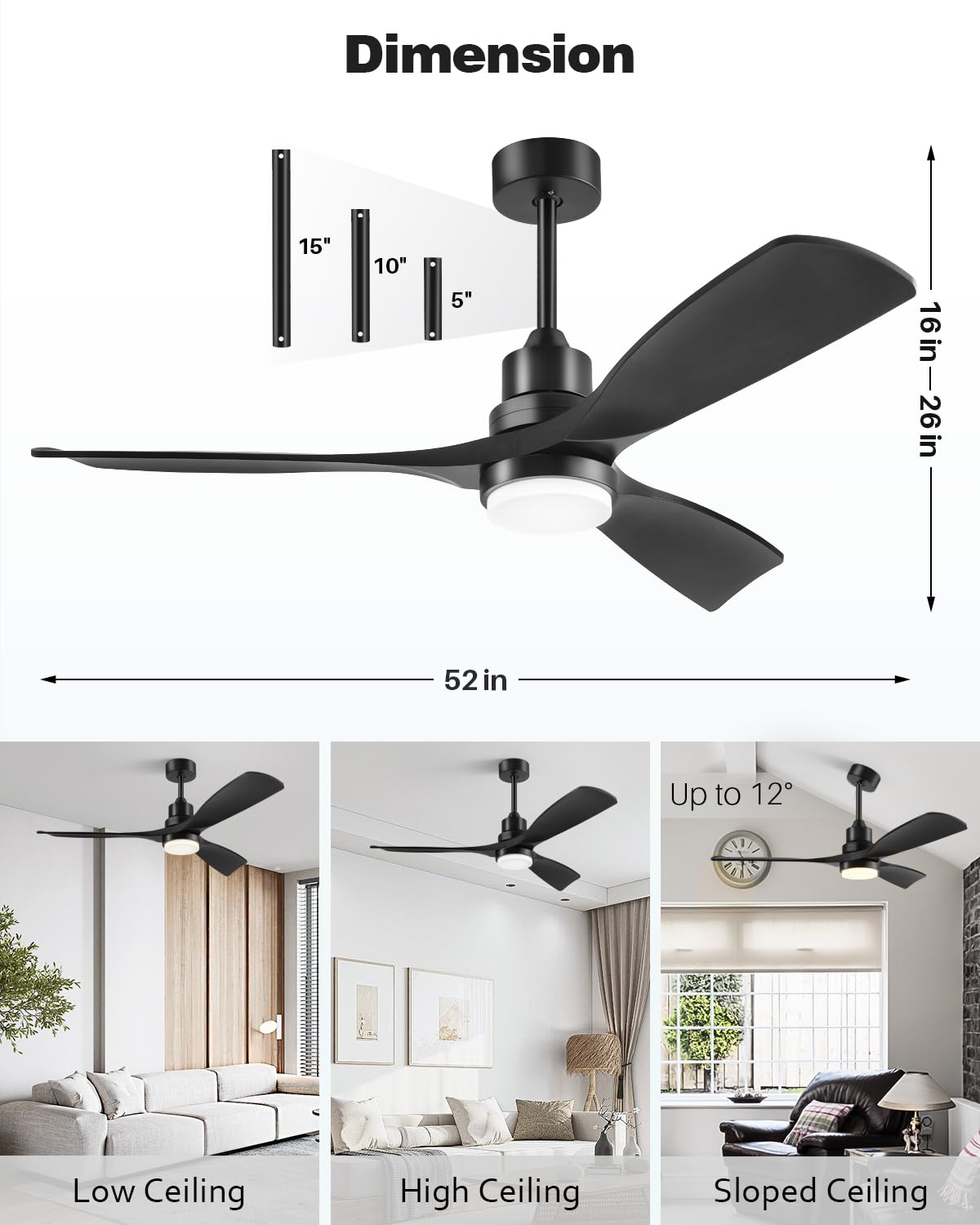 Forrovenco 52-Inch Black Ceiling Fan with Lights — Remote, 3 Downrods, Quiet DC Motor | 6500 CFM