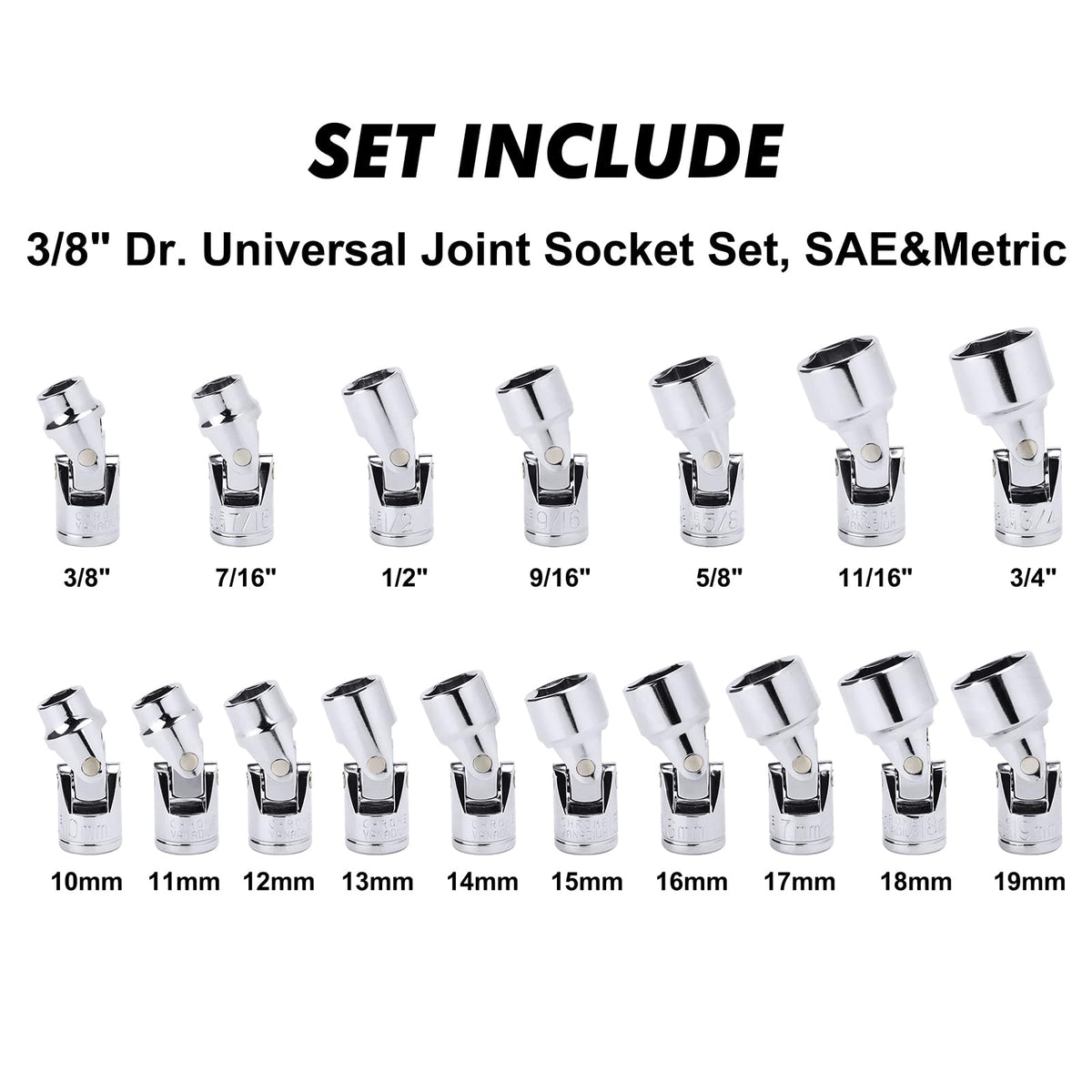 CASOMAN 17PCS 3/8 Drive Universal Flex Socket Set | Metric & SAE, Swivel Head