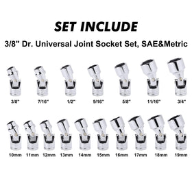 CASOMAN 17PCS 3/8 Drive Universal Flex Socket Set | Metric & SAE, Swivel Head