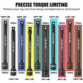 ARUCMIN 1/2 Drive Torque Limiting Extension Bar Set – 10-Piece Lug Nut Torque Sticks 65-150 ft-lbs