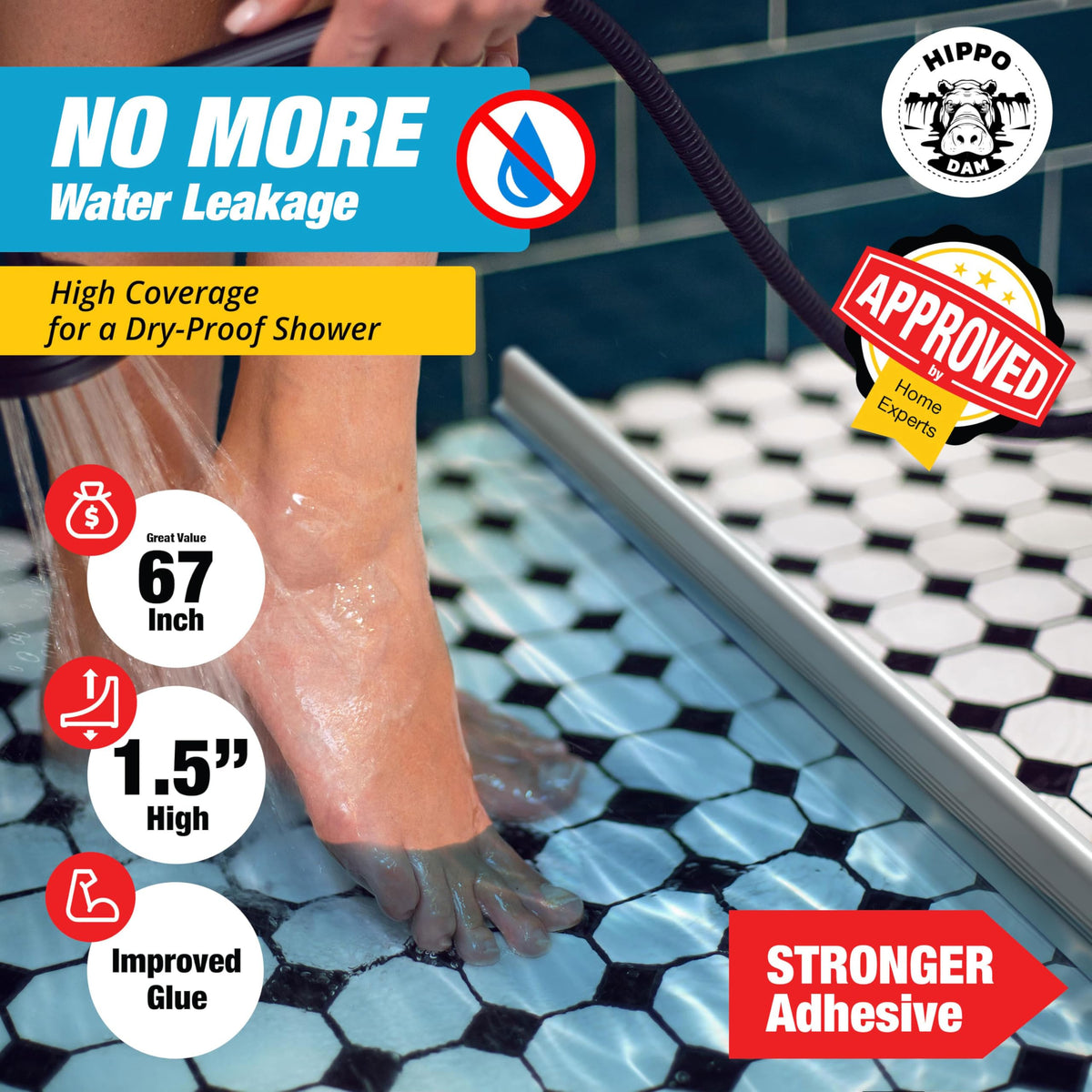 Hippo Dam Shower Threshold Water Dam Barrier 67-inch White – Collapsible Water Guard for Walk-In Showers
