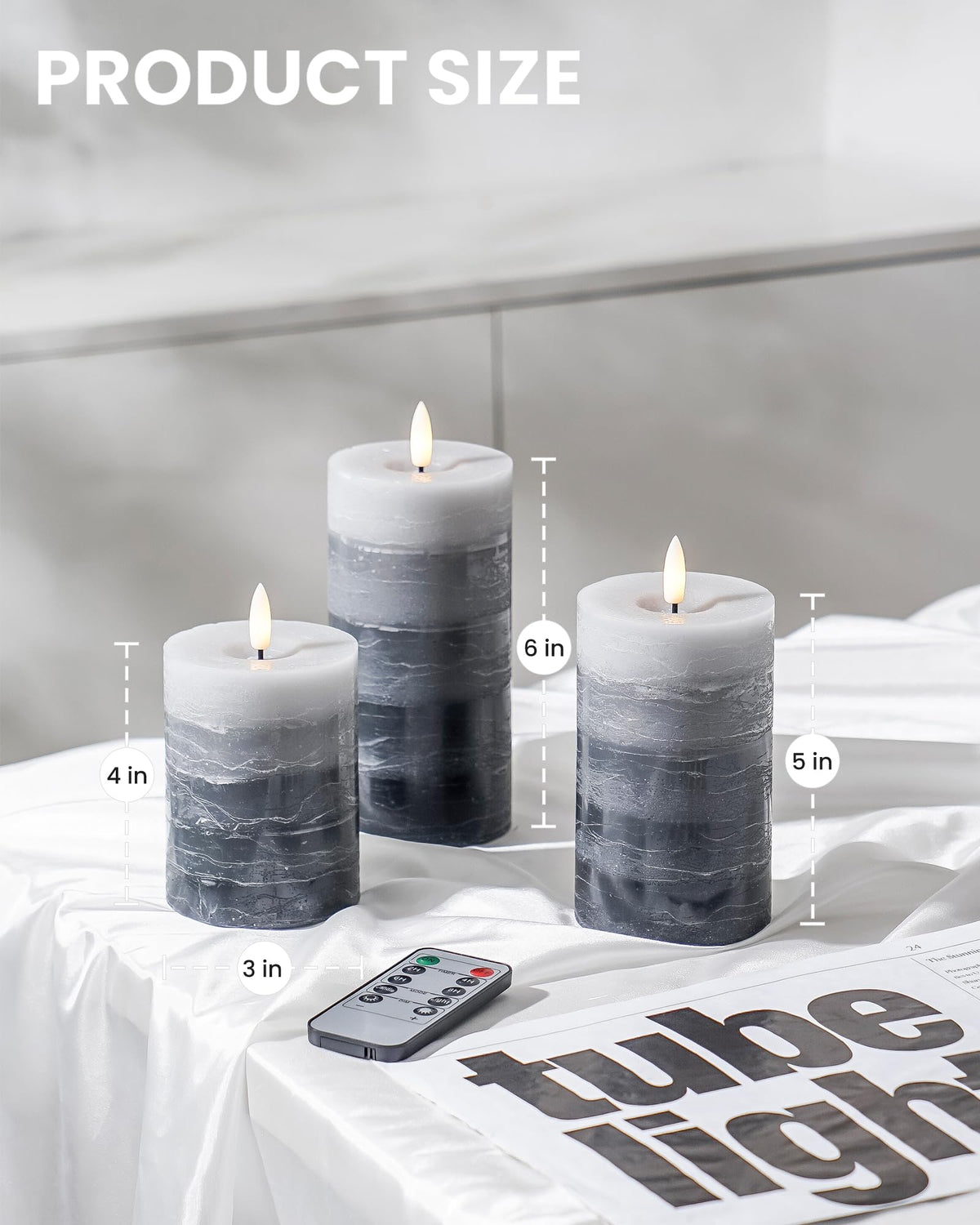 Stmarry Distressed Gradient Gray Flameless Candles (Set of 3) | Real Wax Pillar Candles, Remote & Timer