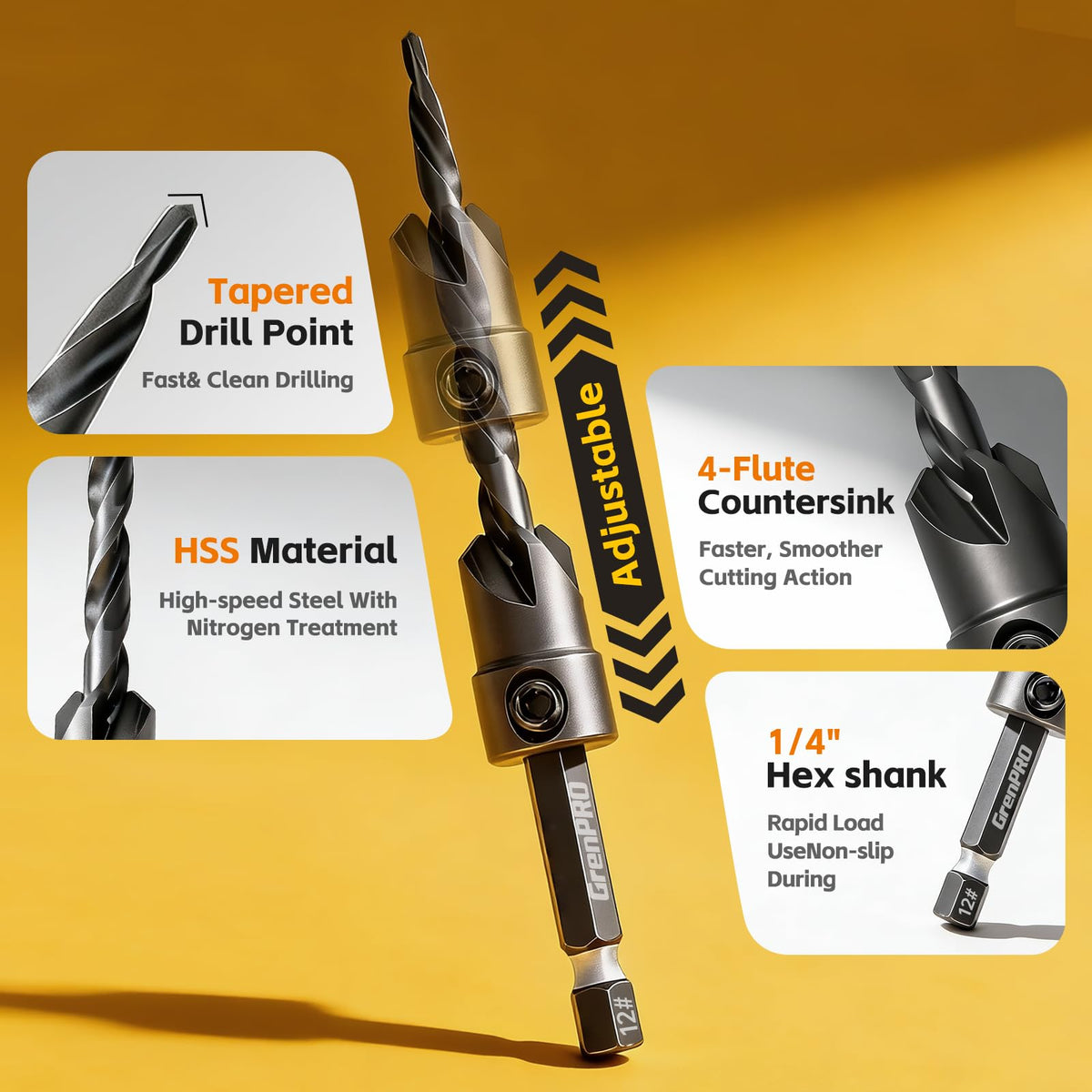 GRENPRO 15-Piece Countersink Drill Bit Set | Nitro HSS, 1/4 in Hex Shank