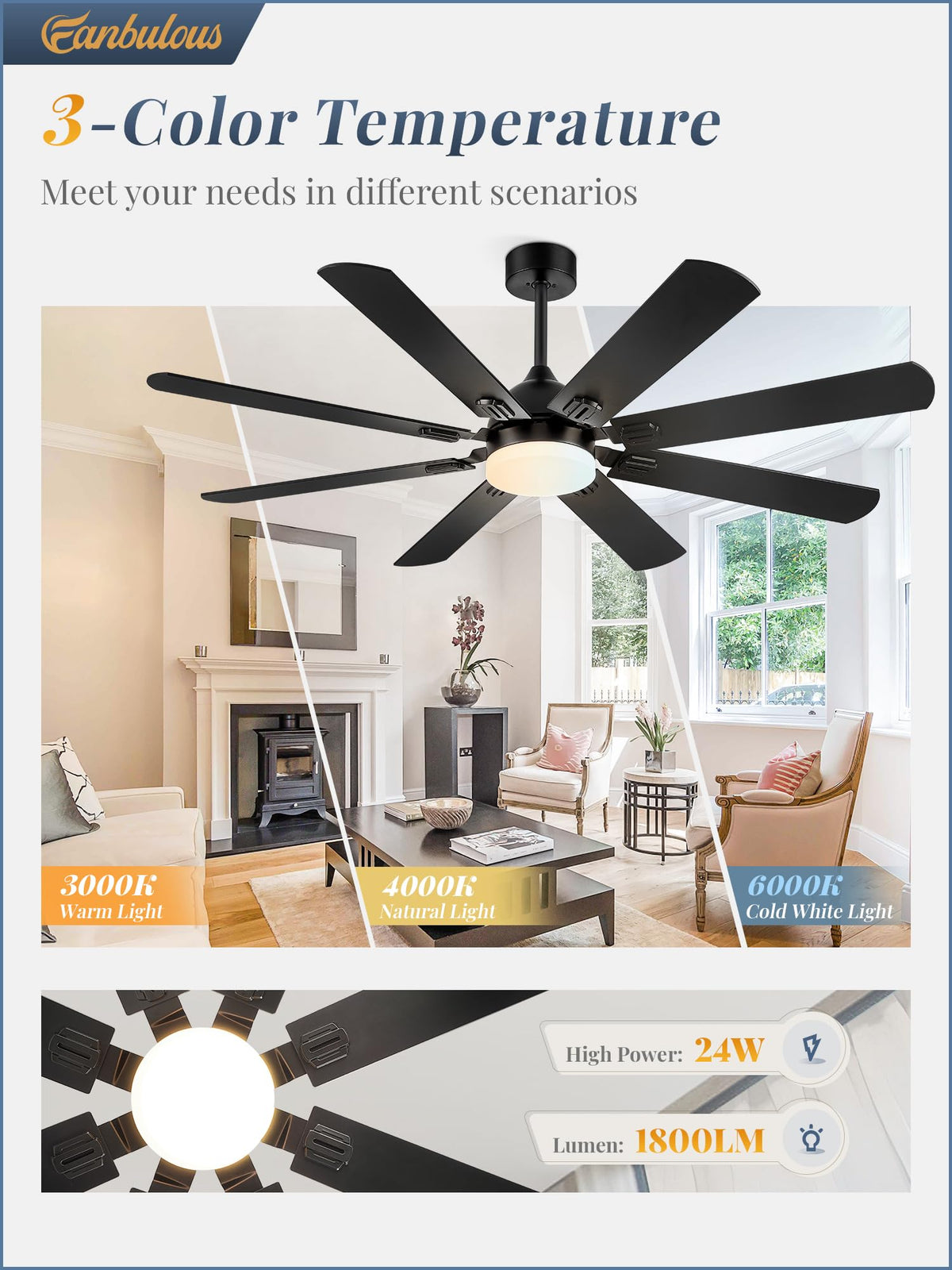 Fanbulous 62-Inch Ceiling Fan with Lights – Black, Remote, 8 Dual-Finish Blades