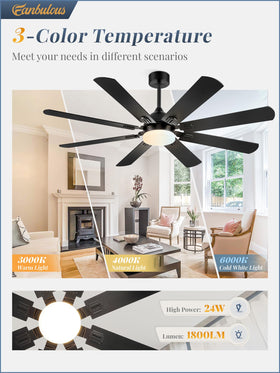 Fanbulous 62-Inch Ceiling Fan with Lights – Black, Remote, 8 Dual-Finish Blades