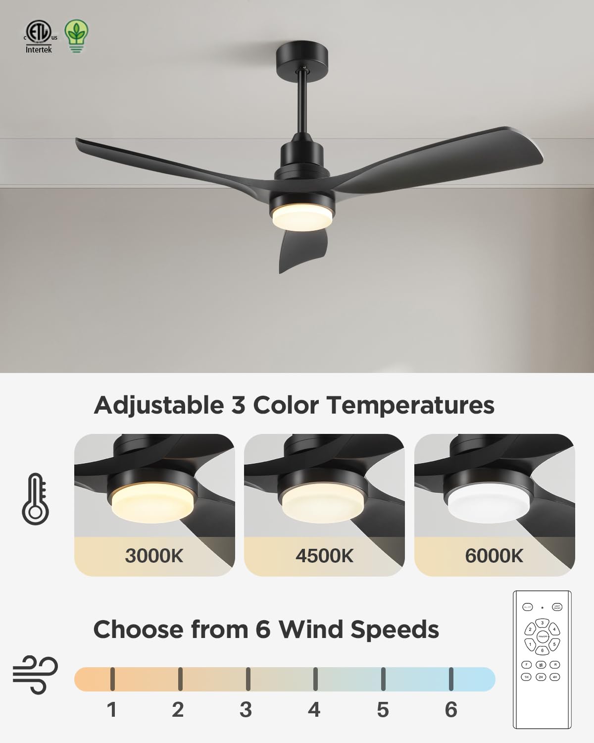 Forrovenco 52-Inch Black Ceiling Fan with Lights — Remote, 3 Downrods, Quiet DC Motor | 6500 CFM