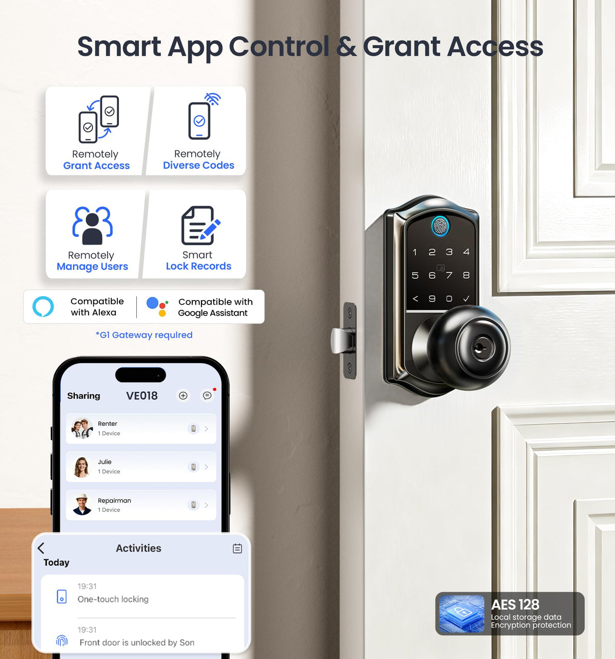 Veise VE018 Smart Knob Lock – Fingerprint, App Control & Keyless Entry (IP55)