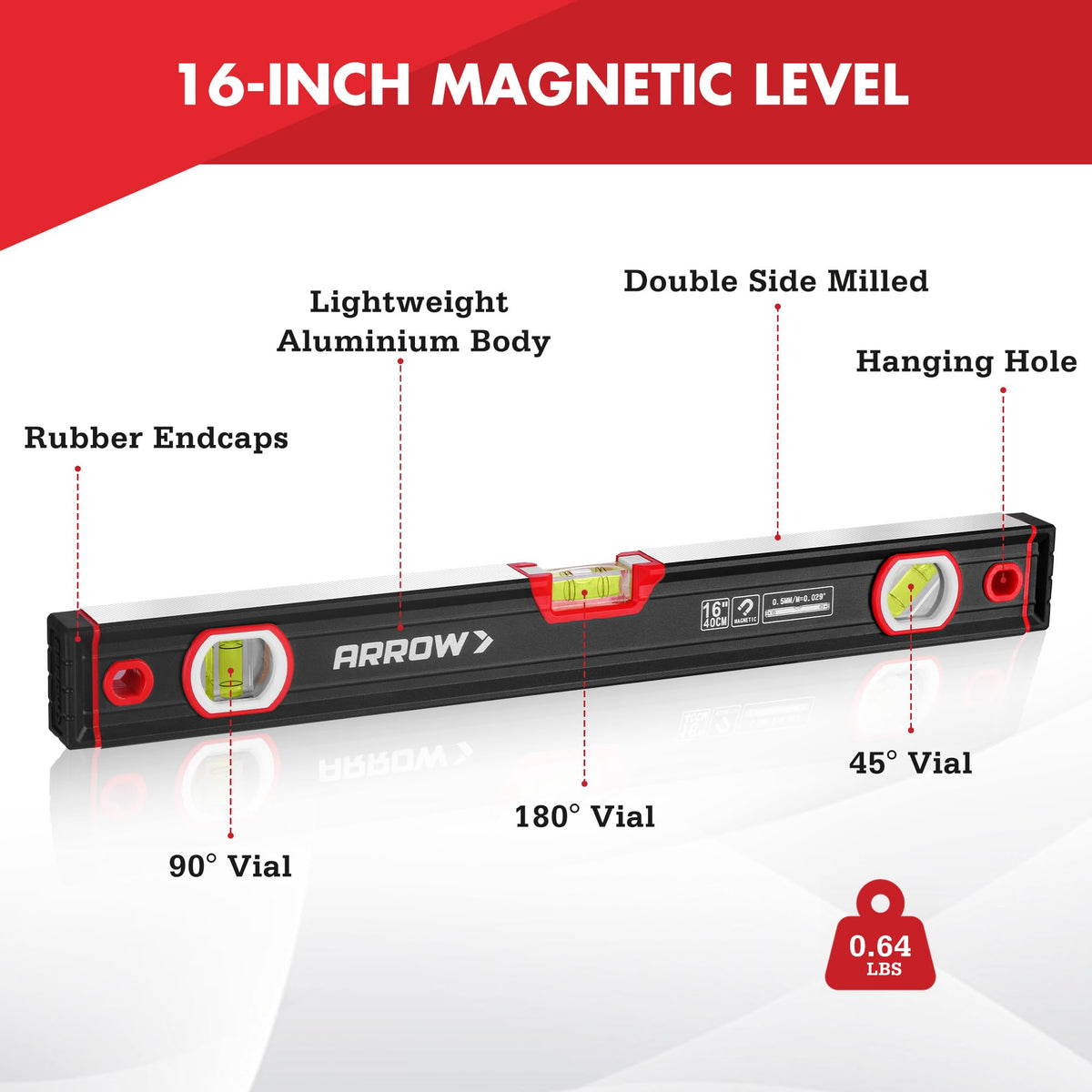 ARROW 16-Inch Magnetic Torpedo Level – 45°/90°/180° Bubbles, Aluminum Body | Arrow Fastener