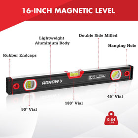 ARROW 16-Inch Magnetic Torpedo Level – 45°/90°/180° Bubbles, Aluminum Body | Arrow Fastener