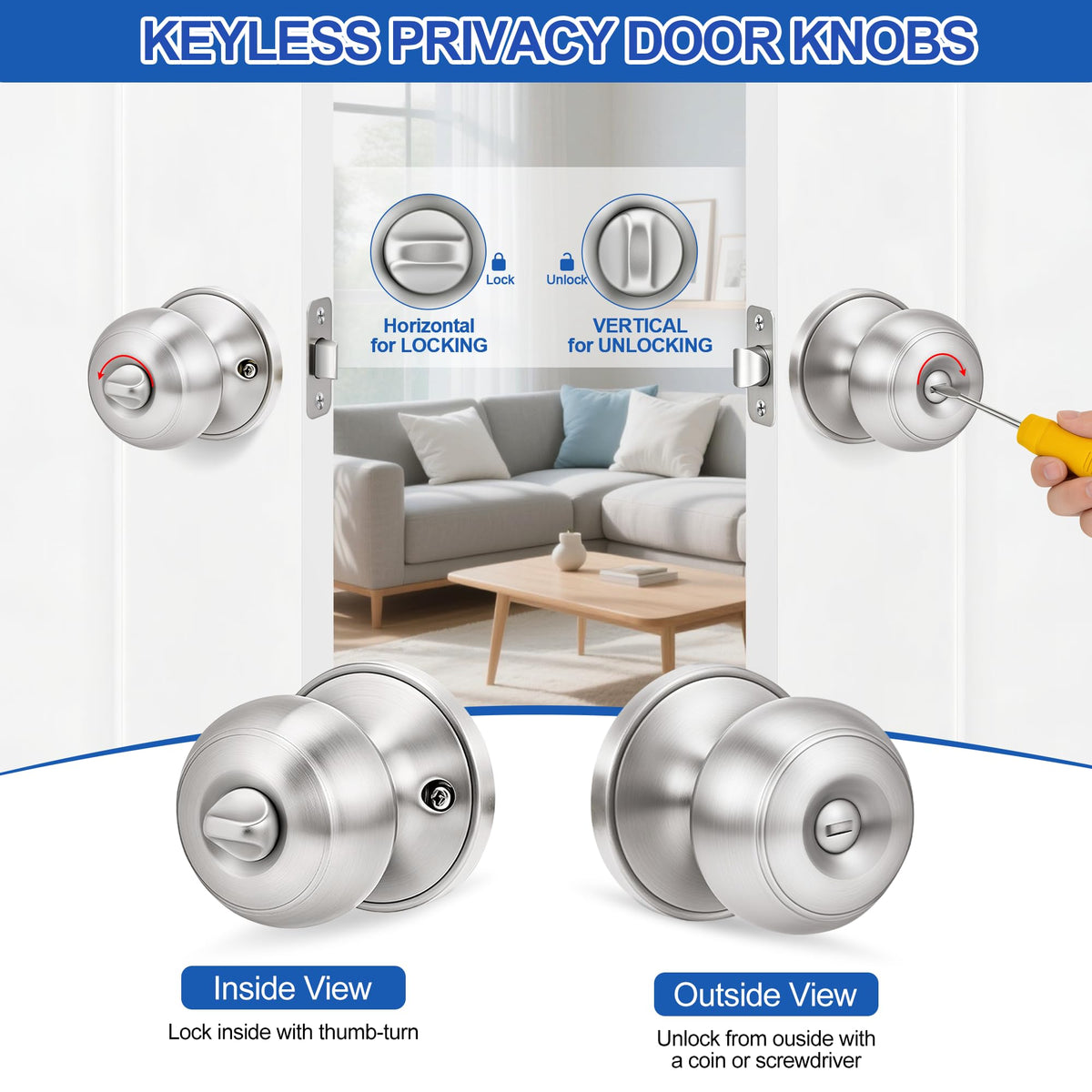 Plustool 5 Pack Brushed Nickel Privacy Door Knobs with Lock – Reversible Interior Doorknobs