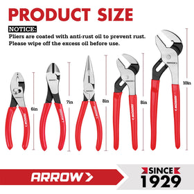 Arrow Fastener 5-Piece Pliers Set with Roll Bag: 6-inch Slip Joint, 7-inch Diagonal, 8-inch Needle Nose, 8- & 10-inch Groove Joint